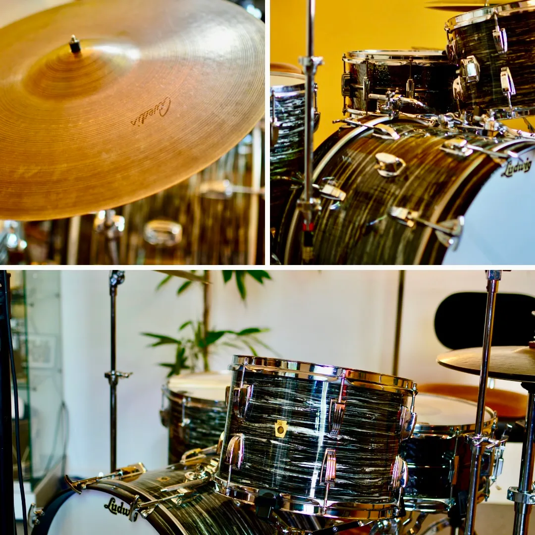 Detail of the Ludwig Black Oyster Pearl with vintage Zildjian cymbal