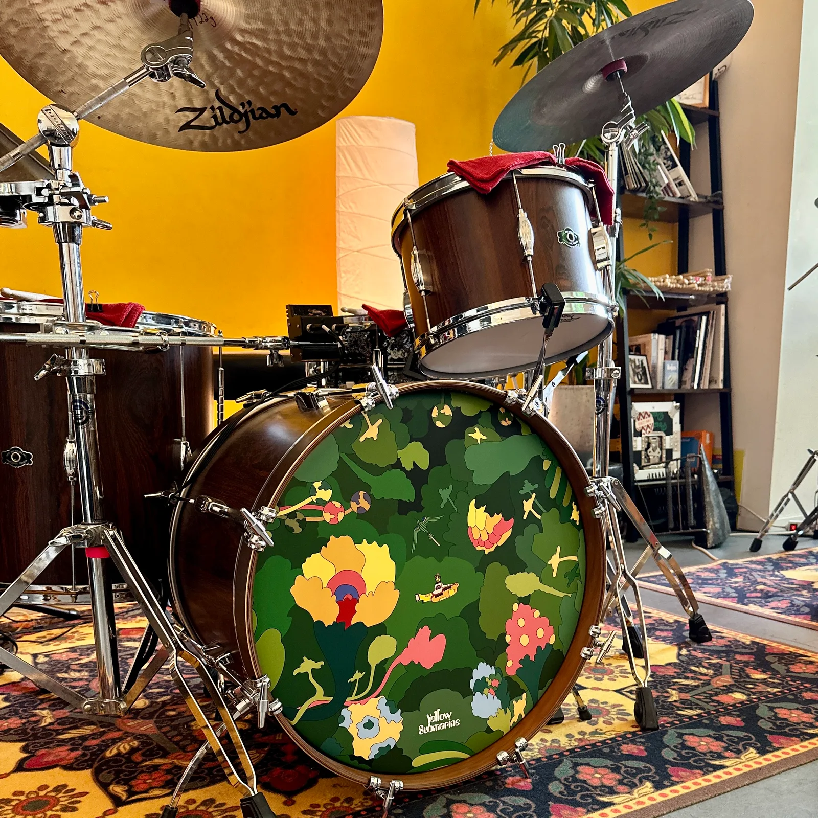 George Way Walnut drum kit with Yellow Submarine front head in The Drum Vault studio, The Hague