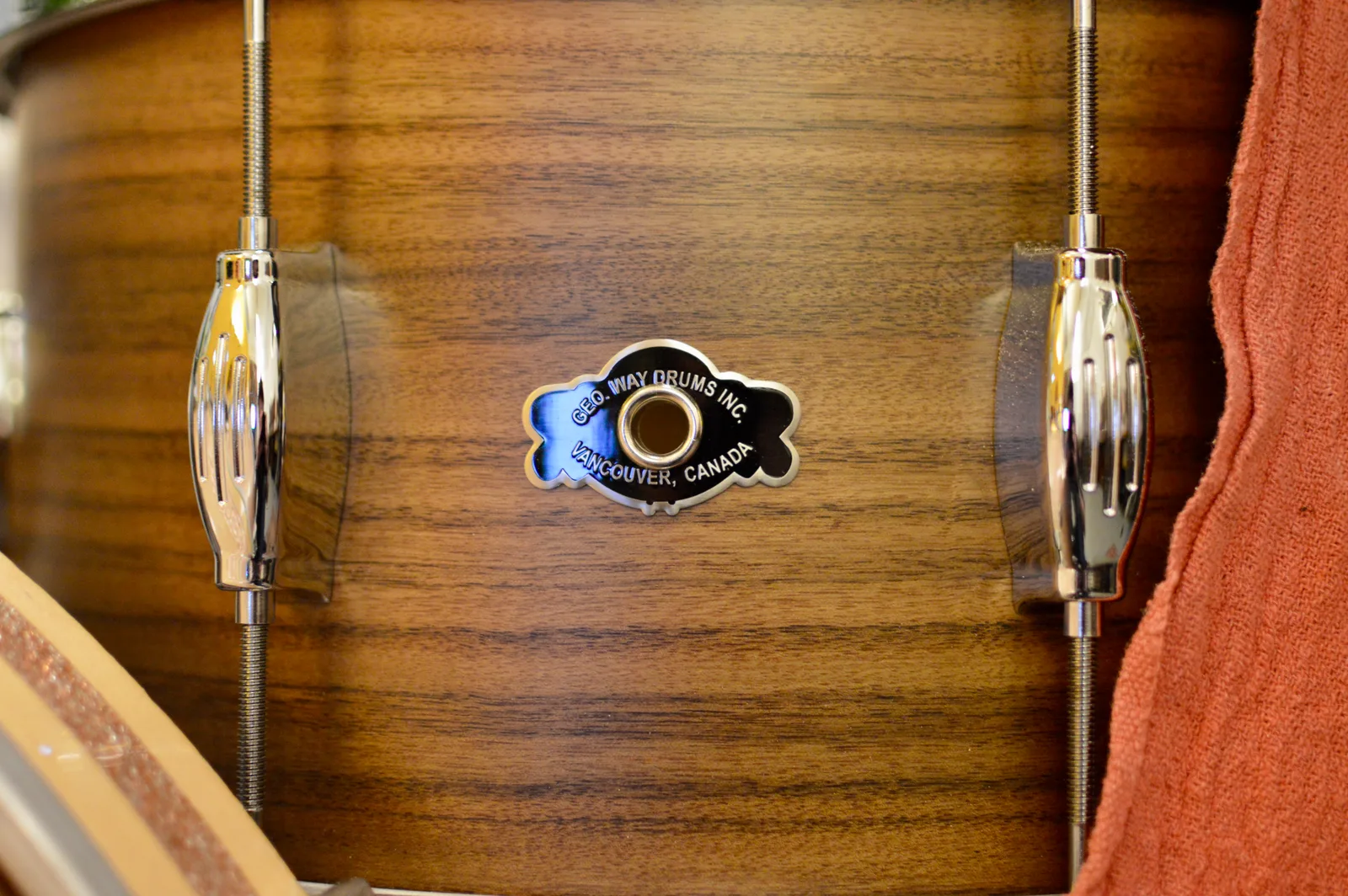 George Way Drums badge from Vancouver on the walnut snare in The Drum Vault